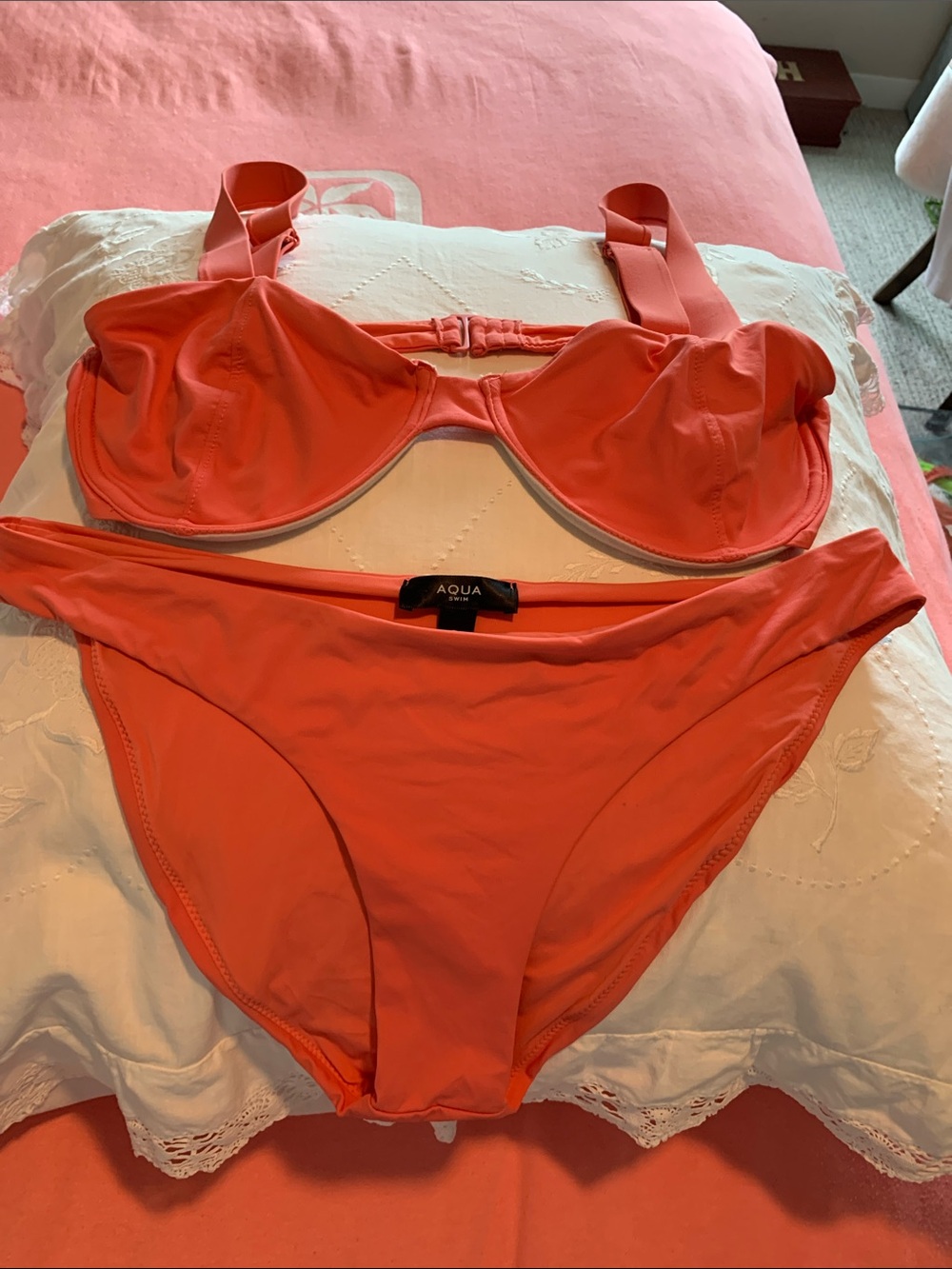 Sak’s Fifth Ave Aqua Coral-Orange Underwire Bikini Set Size L Worn once